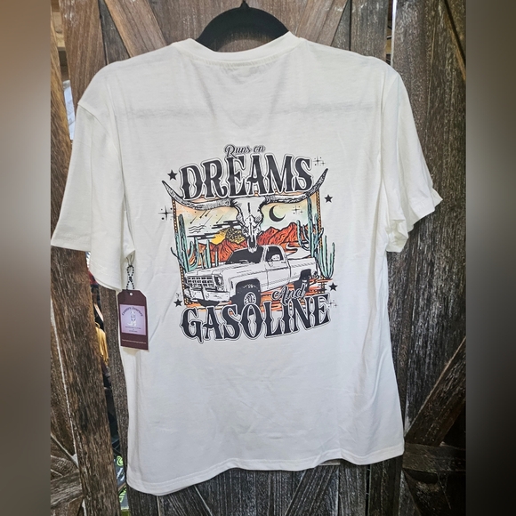 Country Journey Boutique Tops - NWT White Graphic Tee with Truck and Desert Scene "Dreams And Gasoline"
